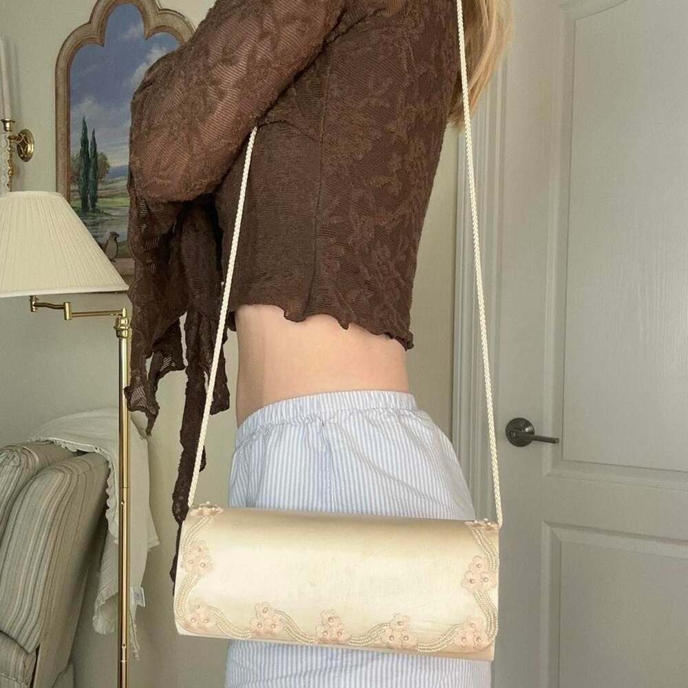 Vintage La Regale Cream Satin Floral Embroidered Crossbody Bag